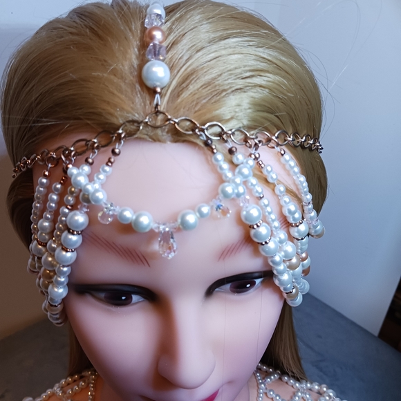 Beaded Pearl, Crystal and Copper Chain Headpiece New, Custom made. - Picture 6 of 7